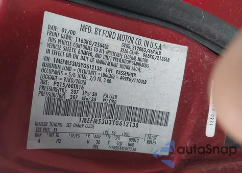 2000 Mercury Sable Ls from USA, damaged, VIN 1MEFM53U3YG612138